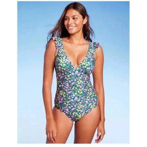Kona Sol Ruffle Shoulder Ruched One Piece Swimsuit Multi XS 0-2 NWT